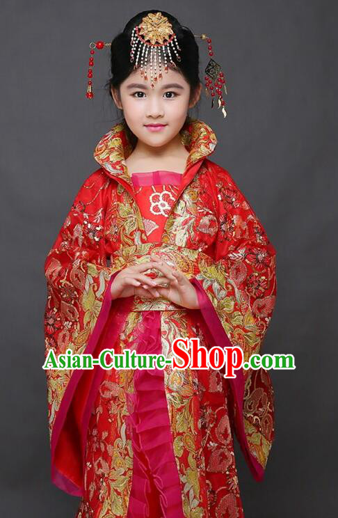 Chinese Ancient Children Clothing Princess Red Dress Tang Dynasty Imperial Concubine Garment Costume