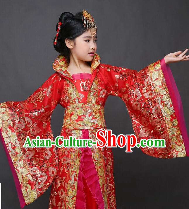 Chinese Ancient Children Clothing Princess Red Dress Tang Dynasty Imperial Concubine Garment Costume