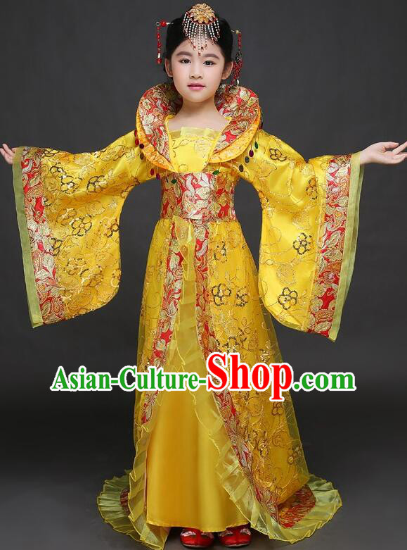 Chinese Tang Dynasty Imperial Concubine Garment Costume Ancient Children Clothing Empress Yellow Dress