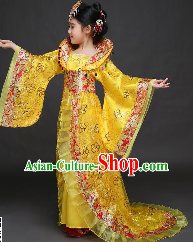 Chinese Tang Dynasty Imperial Concubine Garment Costume Ancient Children Clothing Empress Yellow Dress