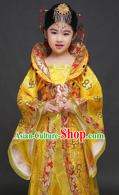 Chinese Tang Dynasty Imperial Concubine Garment Costume Ancient Children Clothing Empress Yellow Dress
