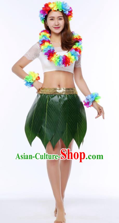 Top Green Leaf Skirt Jungle Theme Performance Clothing Hawaiian Dance Costume