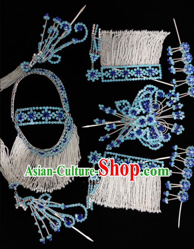 Chinese Traditional Beijing Opera Blue Butterfly Headdress Peking Opera Actress Hair Jewelries Ancient Goddess Hairpins Complete Set