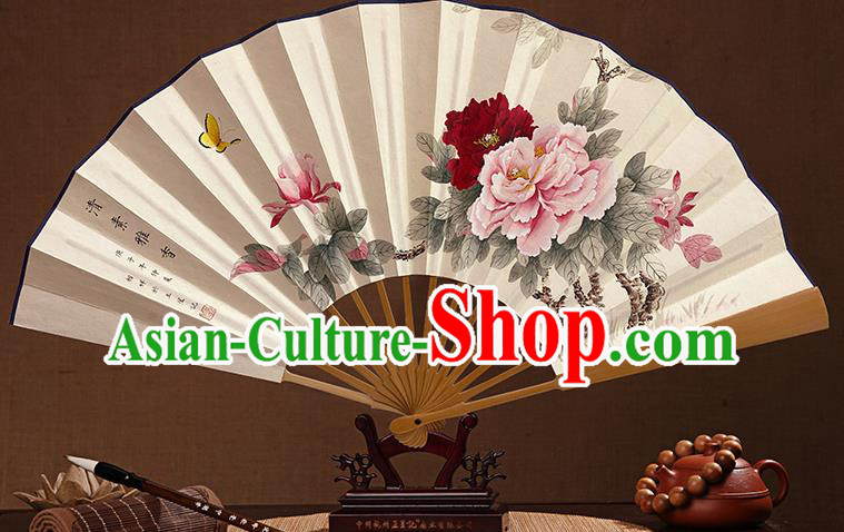 Chinese Traditional Wenge Folding Fans In Painting Peony Flowers Fan Handmade Paper Fan