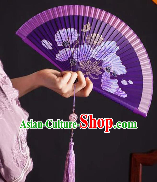 Chinese Handmade Bamboo Fan Traditional Folding Fans Painting Lotus Fan