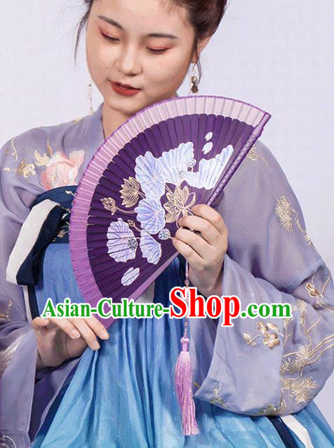 Chinese Handmade Bamboo Fan Traditional Folding Fans Painting Lotus Fan