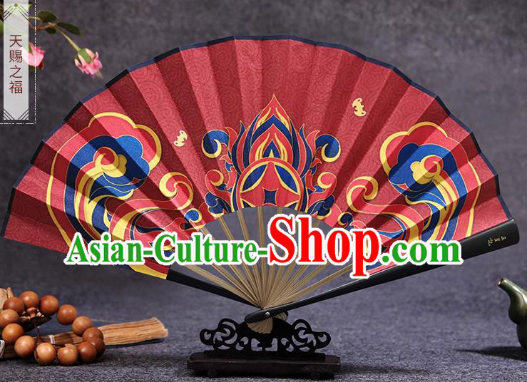 Chinese Painting Red Silk Fan Handmade Bamboo Fan Accordion Traditional Folding Fans