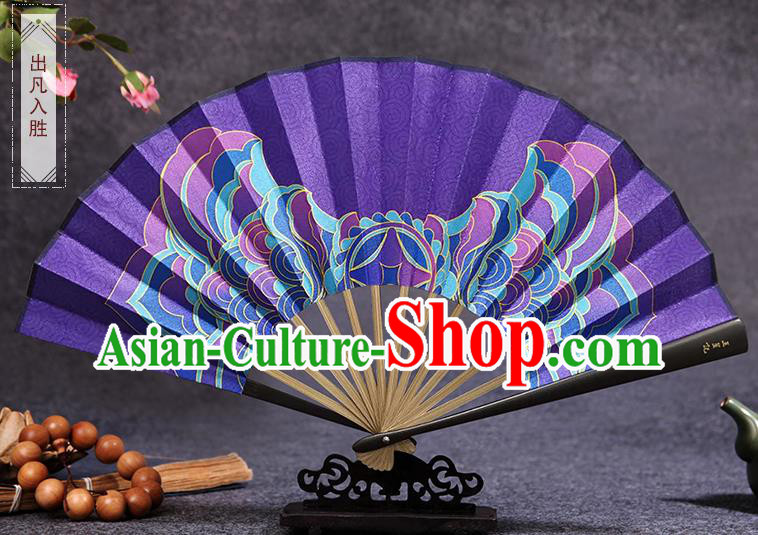 Chinese Handmade Accordion Bamboo Fan Traditional Folding Fans Painting Purple Silk Fan