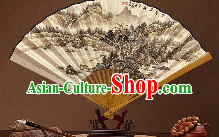 Chinese Bamboo Fan Traditional Folding Fans Ink Painting Landscape Fan Handmade Xuan Paper Accordion
