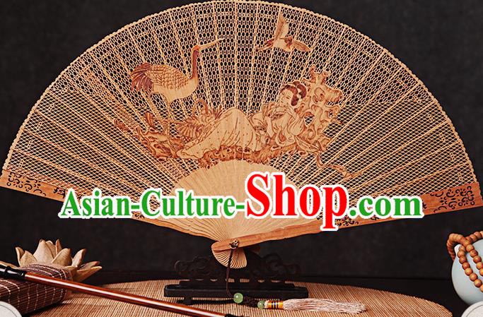 Chinese Handmade Women Accordion Sandalwood Fan Traditional Folding Fans Carved Goddess Crane Fan
