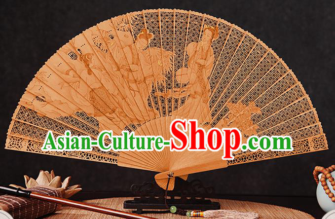 Chinese Carved Beauties Fan Handmade Women Accordion Sandalwood Fan Traditional Folding Fans