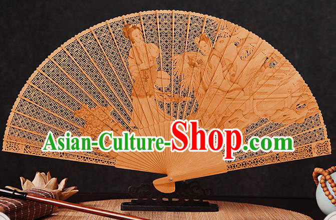 Chinese Traditional Folding Fans Carved Jia Baoyu and Lin Daiyu Fan Handmade Women Accordion Sandalwood Fan