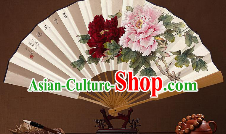 Chinese Handmade Paper Fan Traditional Folding Fans In Painting Peony Fan