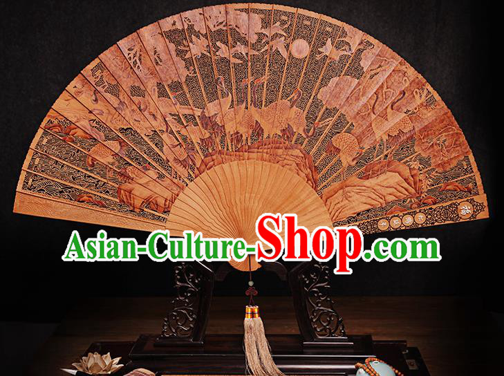 Chinese Collection Fan Traditional Folding Fans Carved Cranes Fan Handmade Craft Sandalwood Accordion