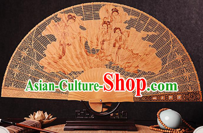 Chinese Handmade Craft Sandalwood Accordion Collection Fan Traditional Folding Fans Carved Goddess Fan