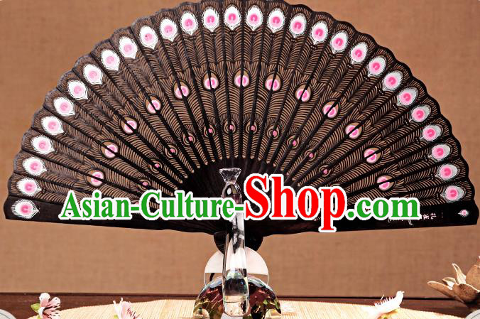 Chinese Traditional Folding Fans Carved Pink Peacock Feather Fan Handmade Craft Fan Ebony Accordion
