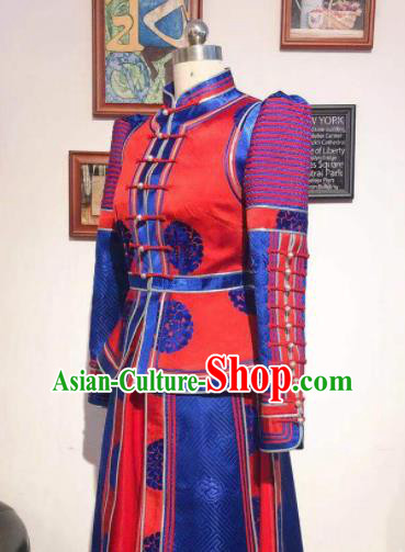 Handmade Wedding Costume Traditional Red Mongolian Robe Chinese Mongol Nationality Bride Dress