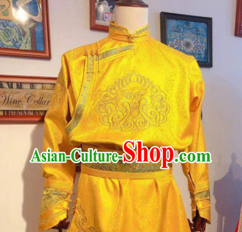 Chinese Mongolian Men Folk Dance Costume Traditional Ethnic Clothing Mongol Nationality Festival Gold Robe