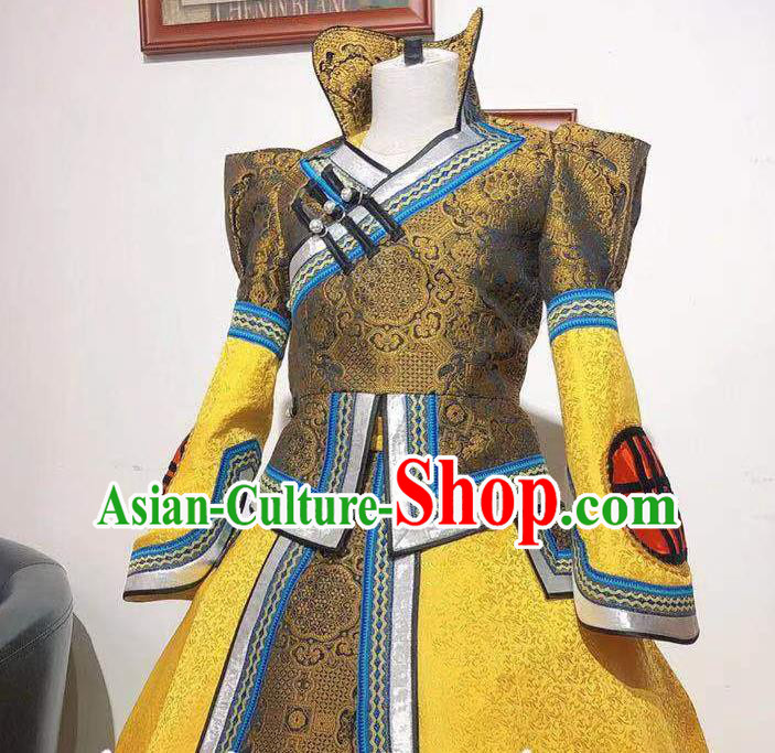 Chinese Ethnic Women Clothing Mongol Nationality Wedding Dress Mongolian Folk Dance Costume Traditional Festival Yellow Robe