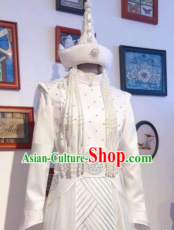 Chinese Traditional Festival White Robe Ethnic Women Clothing Mongol Nationality Wedding Dress Mongolian Folk Dance Costume