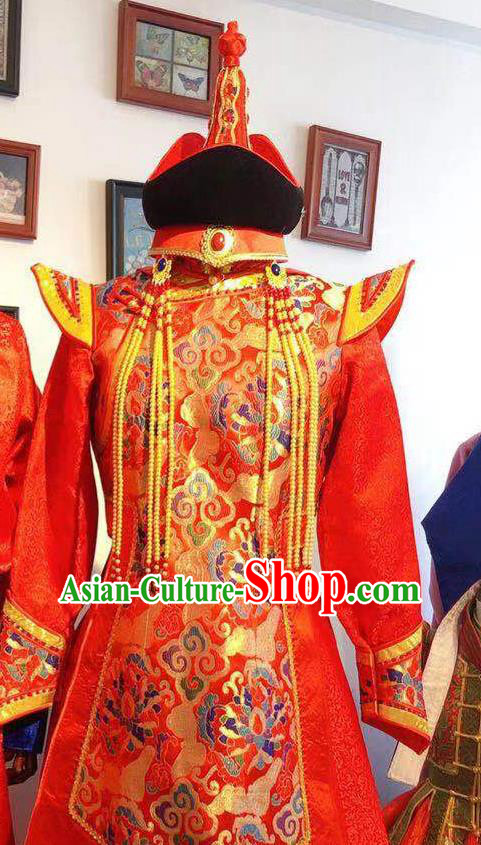 Chinese Traditional Ethnic Wedding Costume Mongol Nationality Bride Red Dress Mongolian Festival Garment