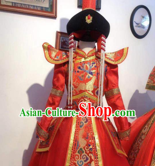 Chinese Mongol Nationality Bride Red Dress Mongolian Festival Garment Traditional Ethnic Wedding Costume