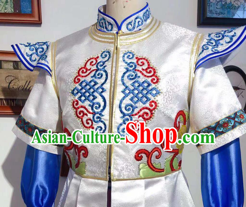 Chinese Mongol Nationality Folk Dance White Dress Mongolian Festival Garment Traditional Ethnic Children Costume
