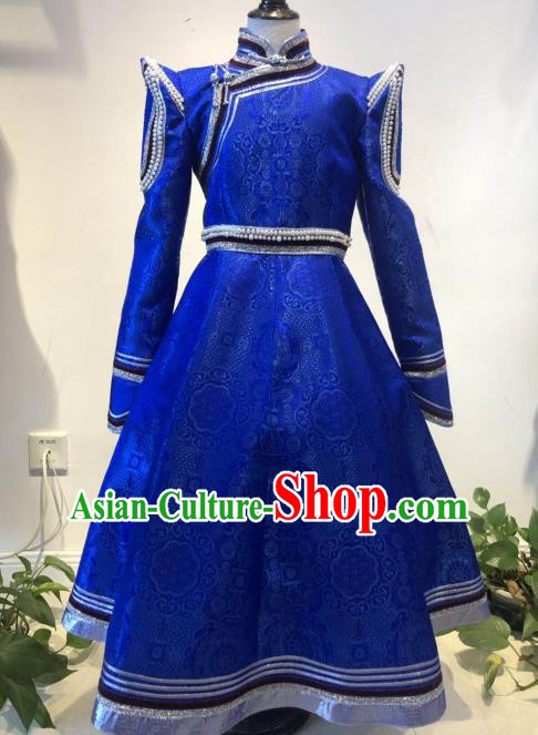 Chinese Ethnic Girl Royal Blue Dress Mongol Nationality Garment Costume Mongolian Festival Folk Dance Clothing
