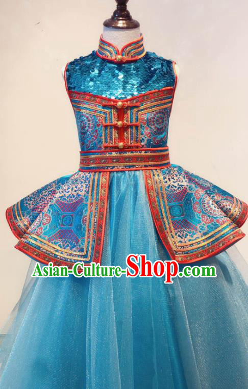 Chinese Ethnic Festival Girl Blue Dress Mongol Nationality Garment Costume Mongolian Folk Dance Clothing