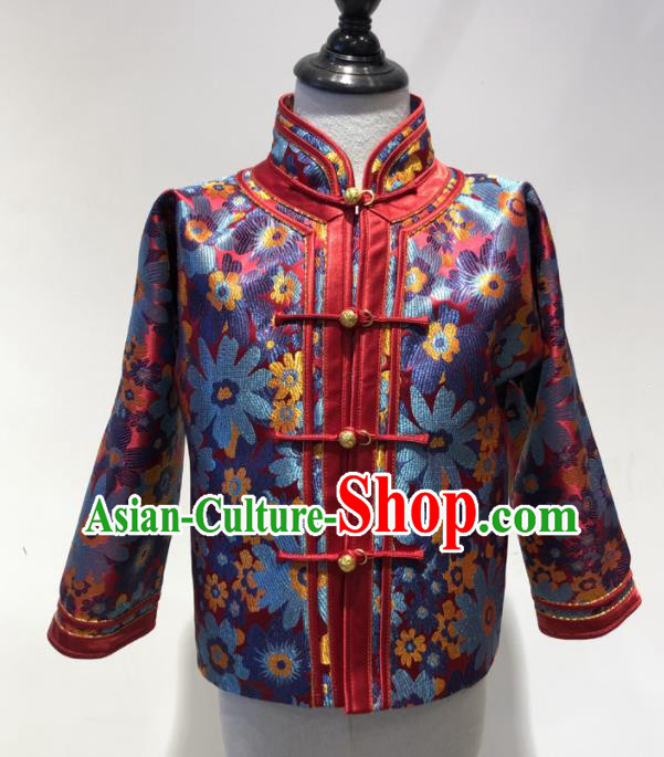 Chinese Mongol Nationality Top Garment Mongolian Children Folk Dance Clothing Ethnic Festival Brocade Mandarin Jacket