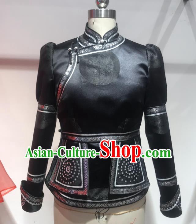 Chinese Mongolian Folk Dance Clothing Ethnic Stage Performance Mandarin Jacket Mongol Nationality Woman Black Coat
