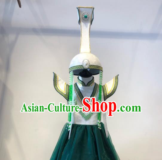 Chinese Ethnic Girl Green Dress Costume Mongol Nationality Dance Garment Mongolian Festival Performance Clothing