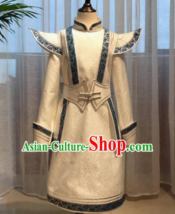 Chinese Mongol Nationality Boy White Garment Mongolian Festival Dance Clothing Ethnic Costume