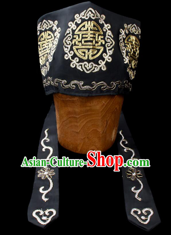Chinese Peking Opera Old Gentlemen Black Hat Ancient Ministry Councillor Embroidery Hat for Men