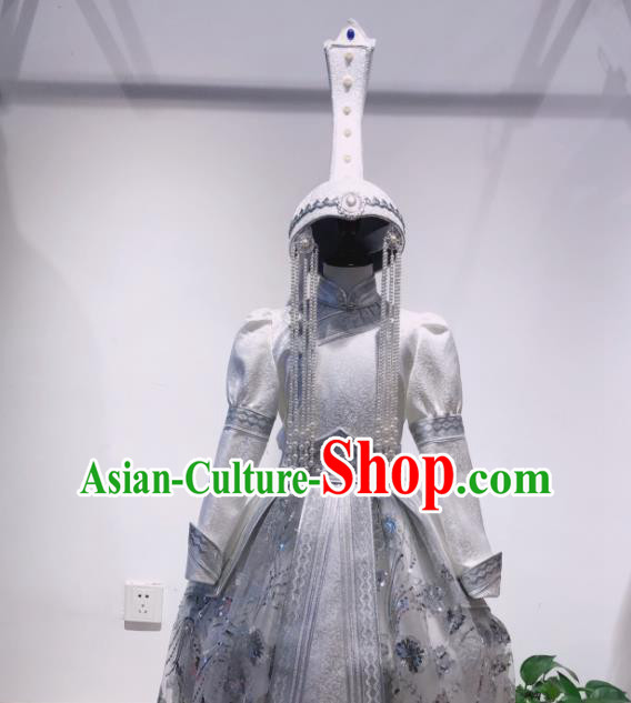 Chinese Ethnic Children Clothing Mongol Nationality Folk Dance Costume Mongolian Girl White Dress and Hat