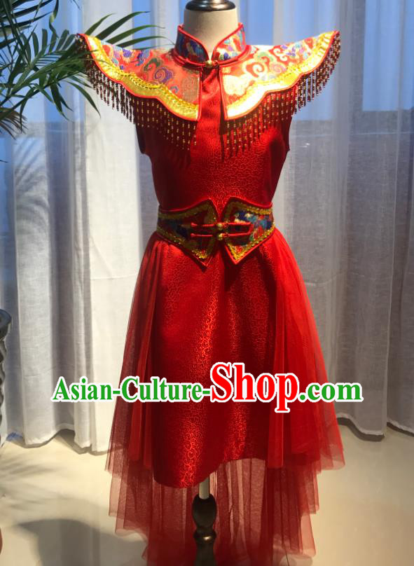Chinese Mongolian Girl Dance Red Dress Ethnic Children Clothing Mongol Nationality Performance Costume