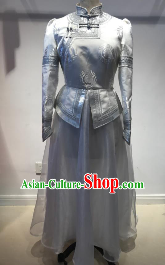 Chinese Ethnic Wedding Bride Clothing Mongol Nationality Performance Costume Mongolian Folk Dance White Dress