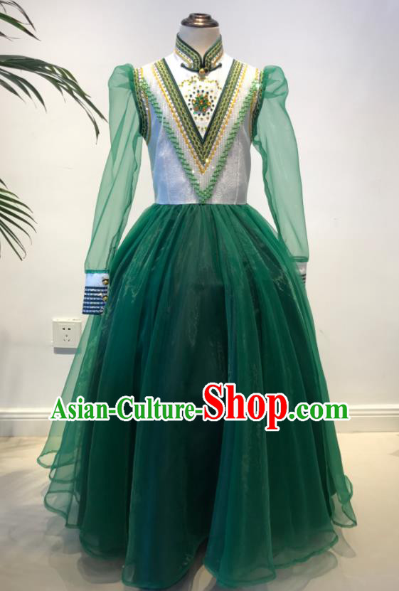 Chinese Mongolian Children Folk Dance Green Dress Ethnic Festival Performance Clothing Mongol Nationality Costume