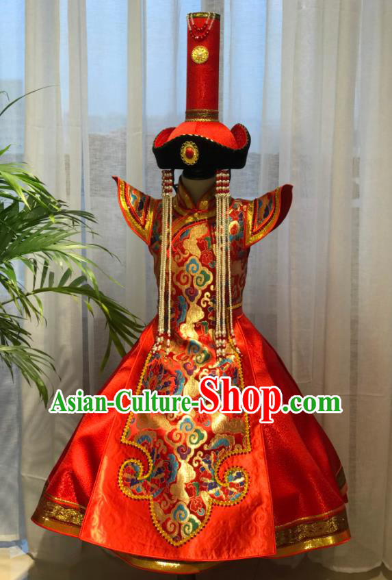 Chinese Mongol Nationality Children Compere Costume Mongolian Folk Dance Red Brocade Dress Ethnic Festival Performance Clothing