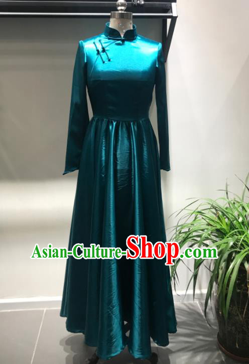 Chinese Mongolian Folk Dance Peacock Blue Dress Ethnic Stage Performance Clothing Mongol Nationality Folk Dance Garment Costume