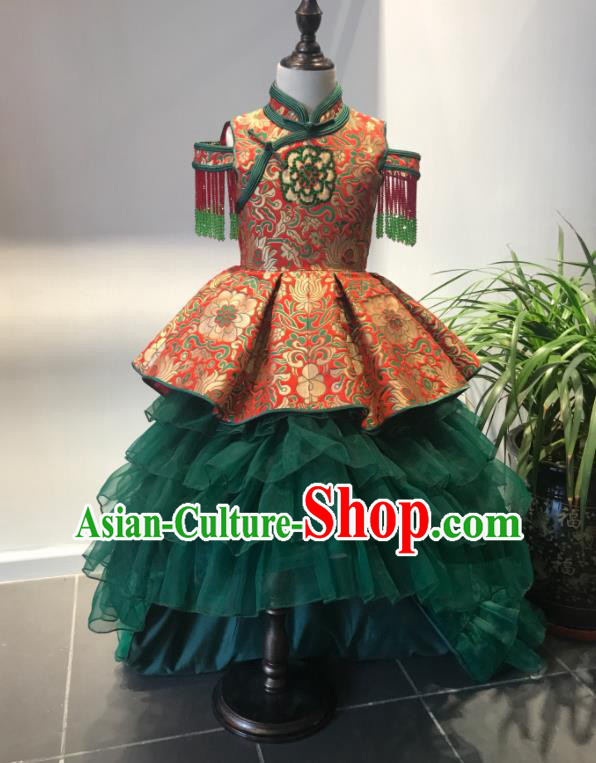 Chinese Mongol Nationality Girl Garment Costume Mongolian Folk Dance Green Veil Dress Ethnic Stage Show Clothing