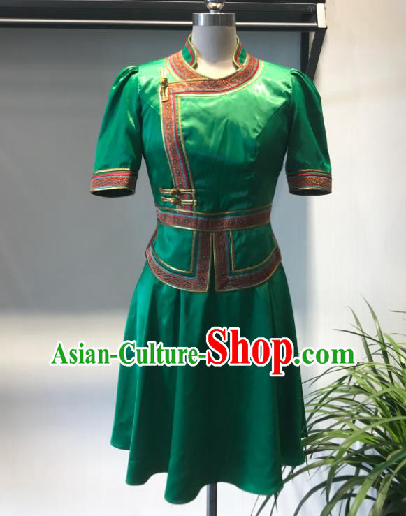 Chinese Ethnic Waitress Clothing Mongol Nationality Woman Garment Costume Mongolian Folk Dance Green Dress