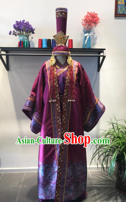 Chinese Mongolian Bride Purple Dress Ethnic Festival Clothing Mongol Nationality Wedding Garment Costumes and Hat