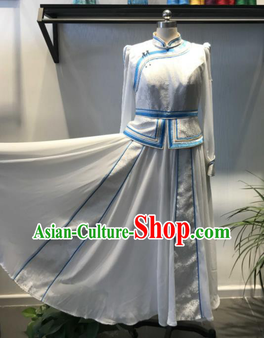 Chinese Mongol Nationality Folk Dance Garment Costume Mongolian Woman White Dress Ethnic Festival Clothing