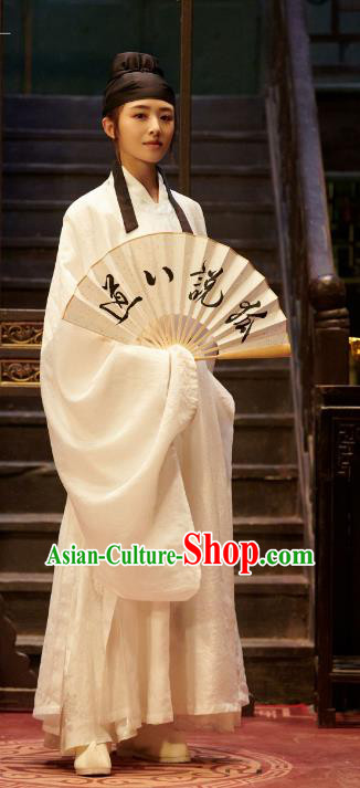 Chinese Traditional Young Childe Garment Ancient Scholar White Robe Costume Romance Movie Soul Snatcher Clothing and Headpiece Complete Set
