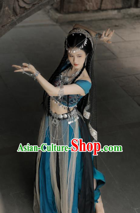 Chinese Traditional Dance Blue Outfit Ancient Ethnic Princess Clothing Tang Dynasty Northern Tribe Beauty Garment Costumes