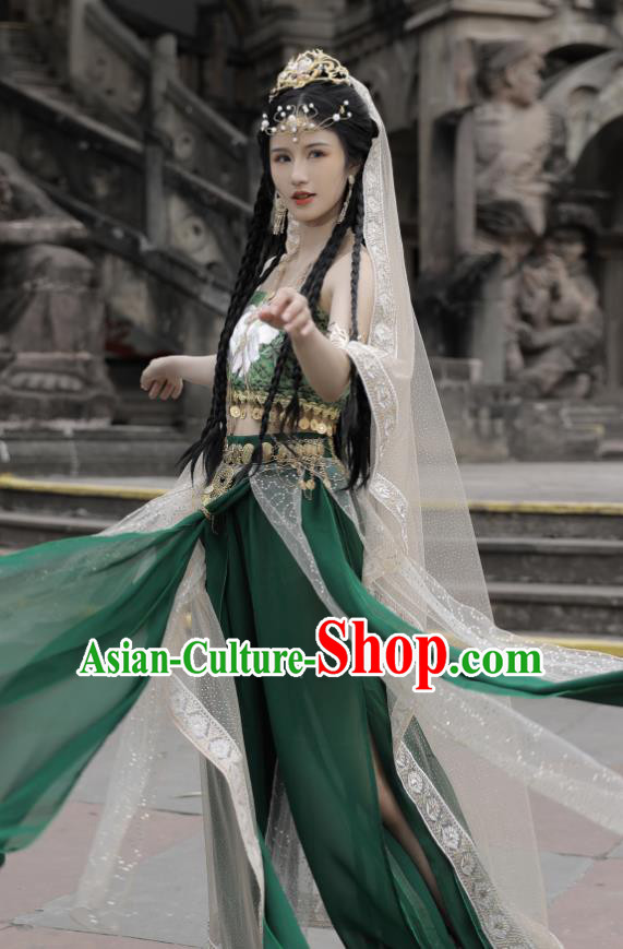 Chinese Tang Dynasty Northern Tribe Beauty Garment Costumes Traditional Dance Green Outfit Ancient Ethnic Princess Clothing