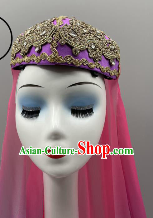 Chinese Ethnic Women Headwear Uyghur Nationality Dance Headpiece Uyghurs Ethnic Stage Performance Purple Hat