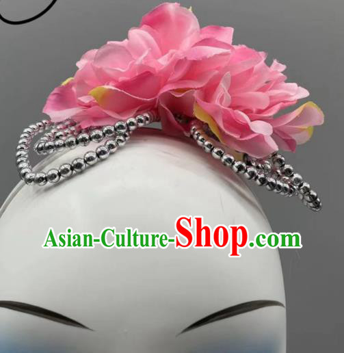 China Woman Solo Dance Headpiece Stage Performance Headwear Classical Dance Pink Flower Hair Jewelry