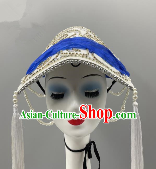Chinese Ethnic Stage Performance White Tassel Hat Qiang Minority Women Braids Headwear Wa Nationality Dance Headpiece